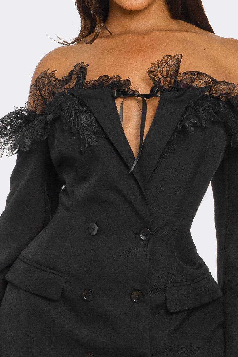 Melissa Off Shoulder Lace Trim Tuxedo Blazer Mini Dress