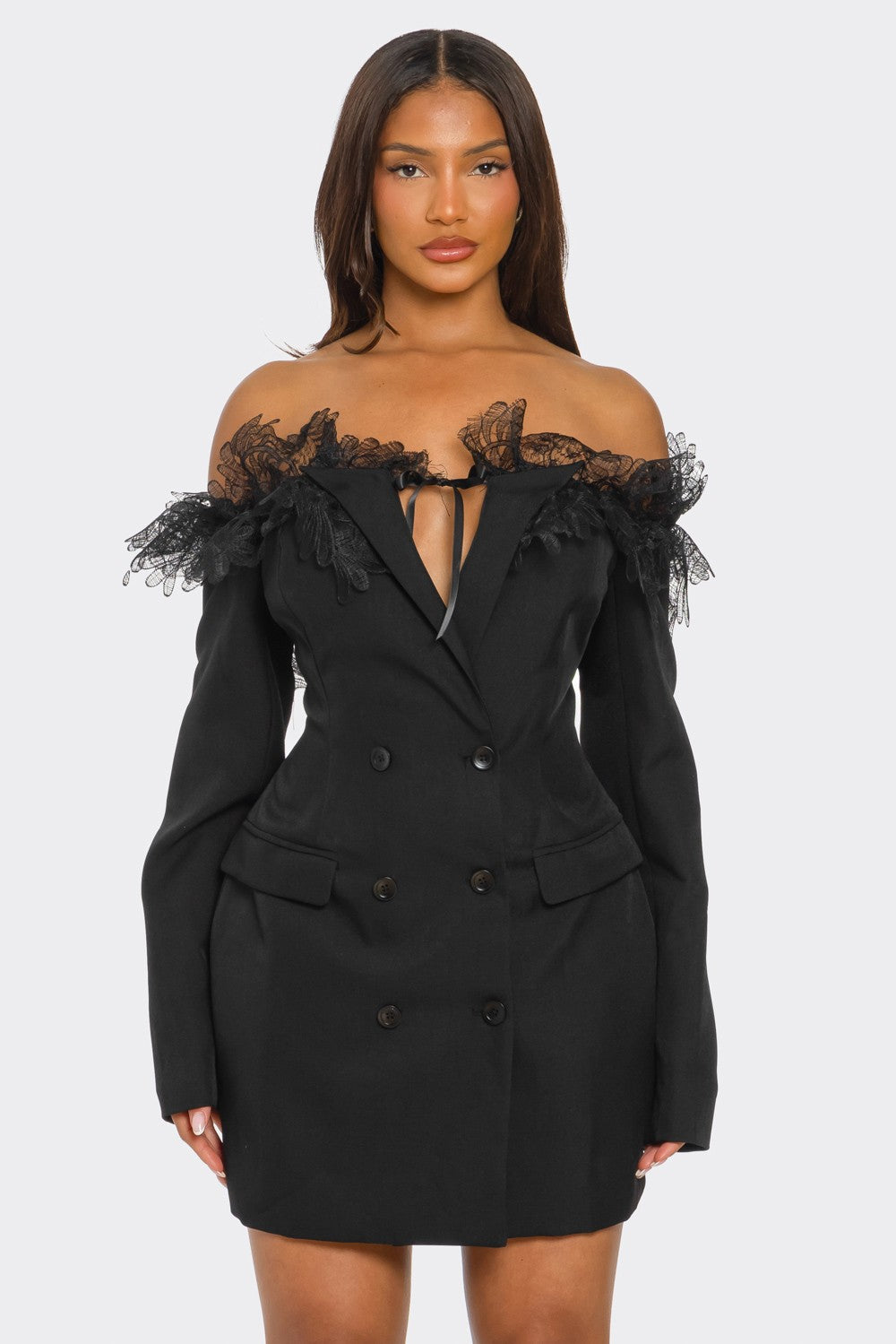 Melissa Off Shoulder Lace Trim Tuxedo Blazer Mini Dress
