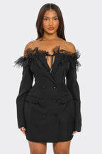 Melissa Off Shoulder Lace Trim Tuxedo Blazer Mini Dress