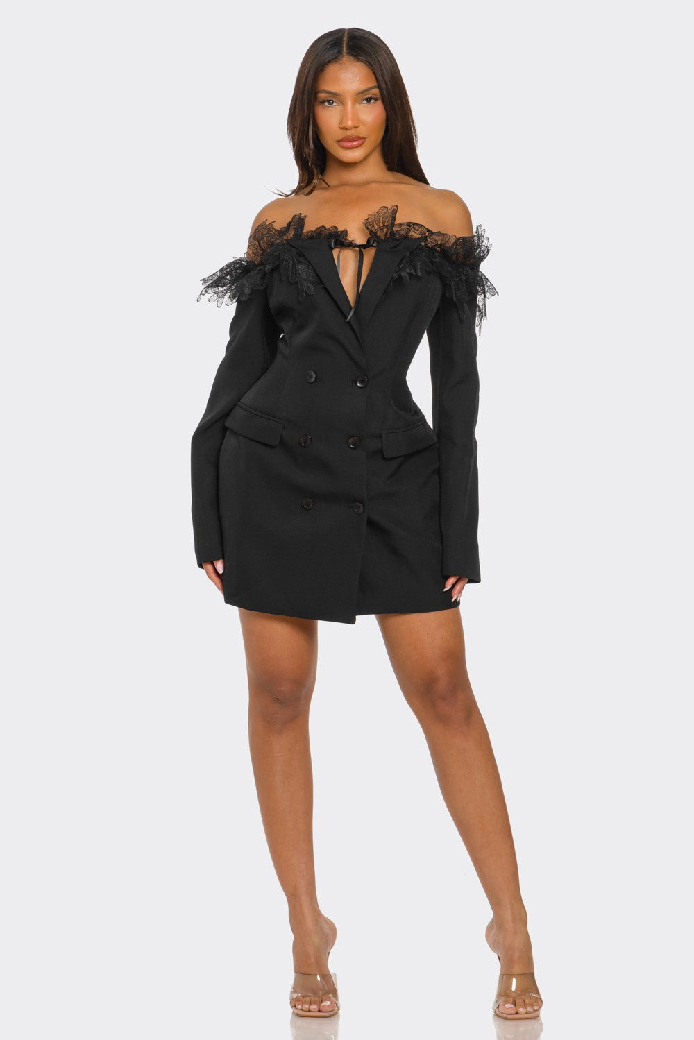 Melissa Off Shoulder Lace Trim Tuxedo Blazer Mini Dress