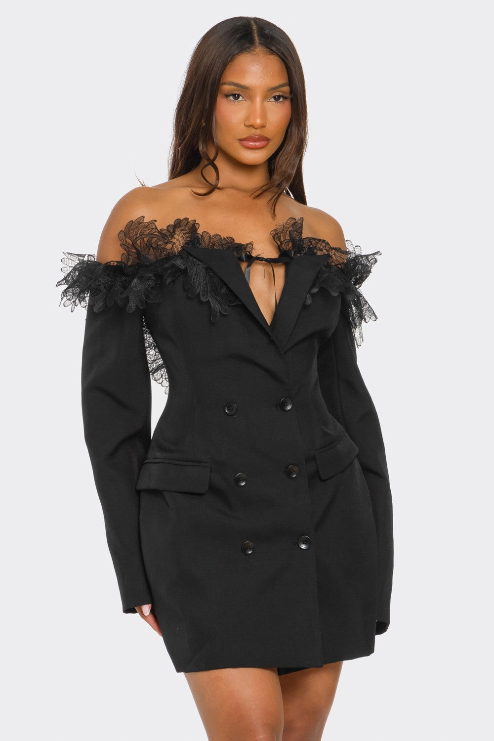 Melissa Off Shoulder Lace Trim Tuxedo Blazer Mini Dress