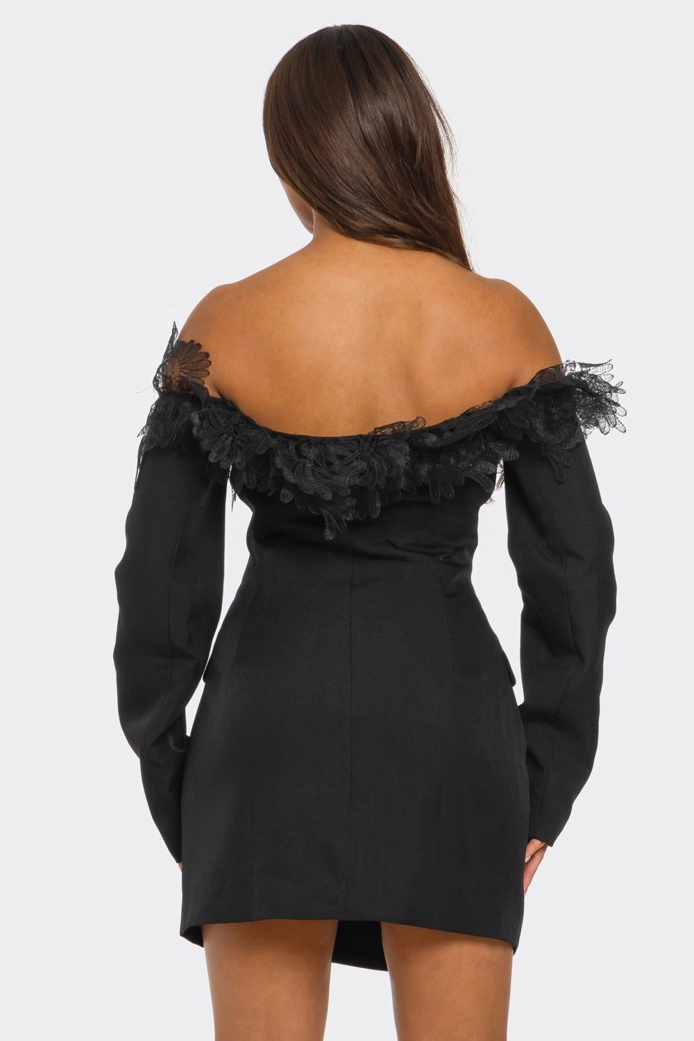 Melissa Off Shoulder Lace Trim Tuxedo Blazer Mini Dress