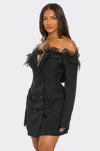 Melissa Off Shoulder Lace Trim Tuxedo Blazer Mini Dress