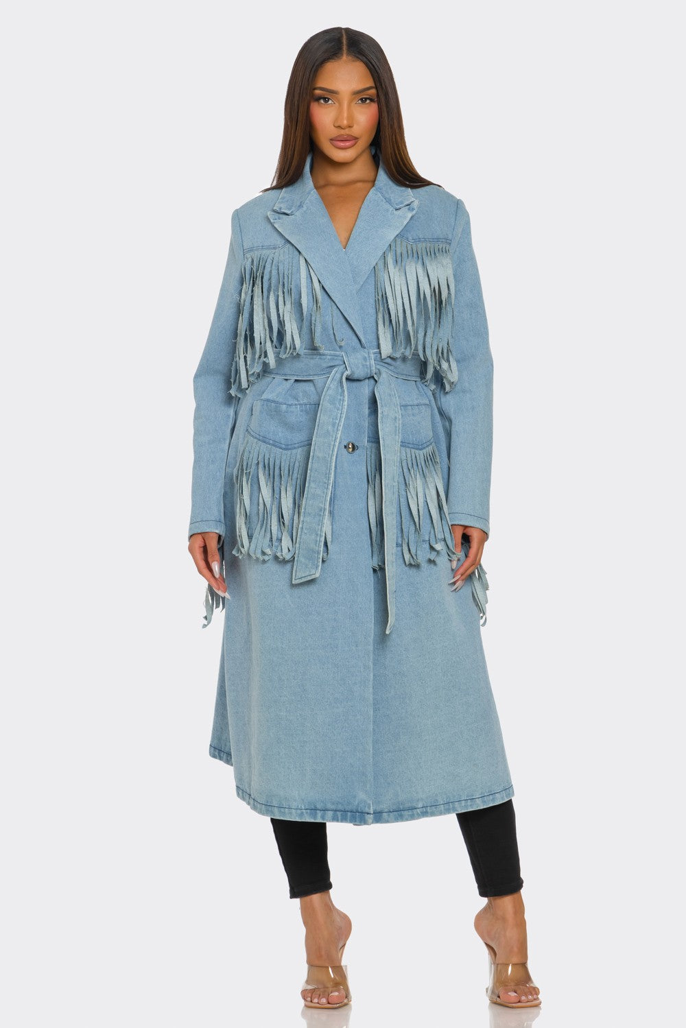 Remi Belted Fringed Denim Longline Trench