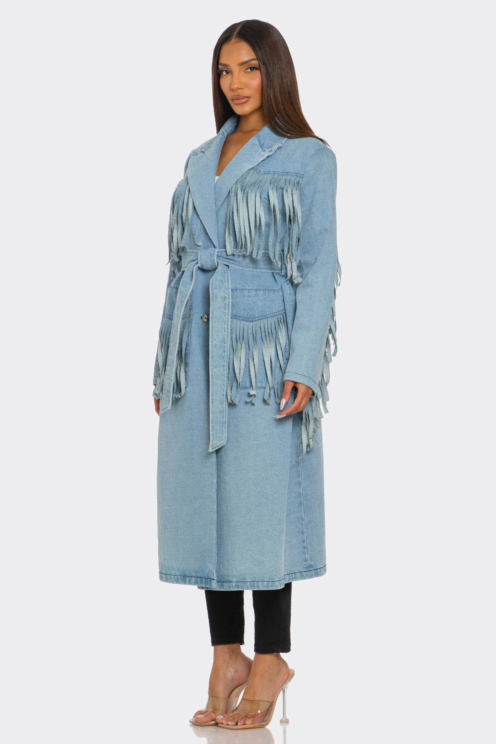 Remi Belted Fringed Denim Longline Trench