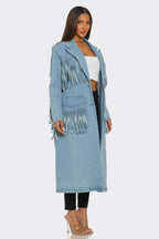Remi Belted Fringed Denim Longline Trench