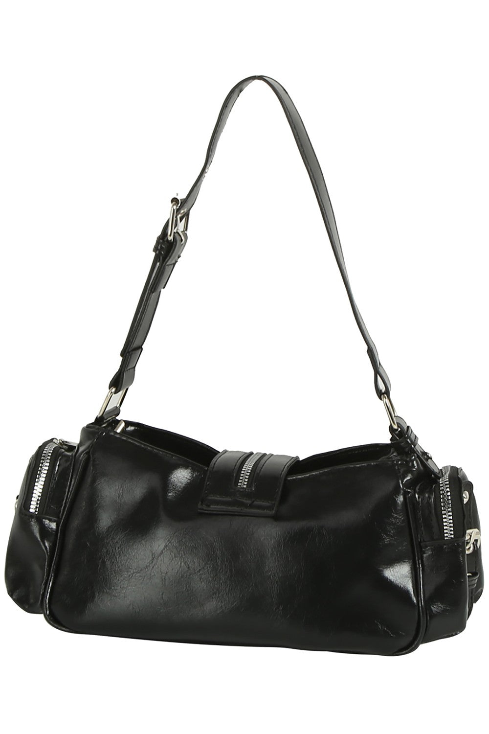 Black leather handbag with multiple zippers on a white background