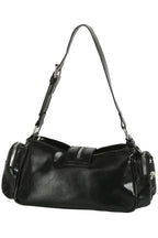 Black leather handbag with multiple zippers on a white background