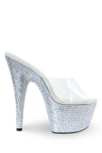 High-heeled shoe with crystal embellishments on a white background