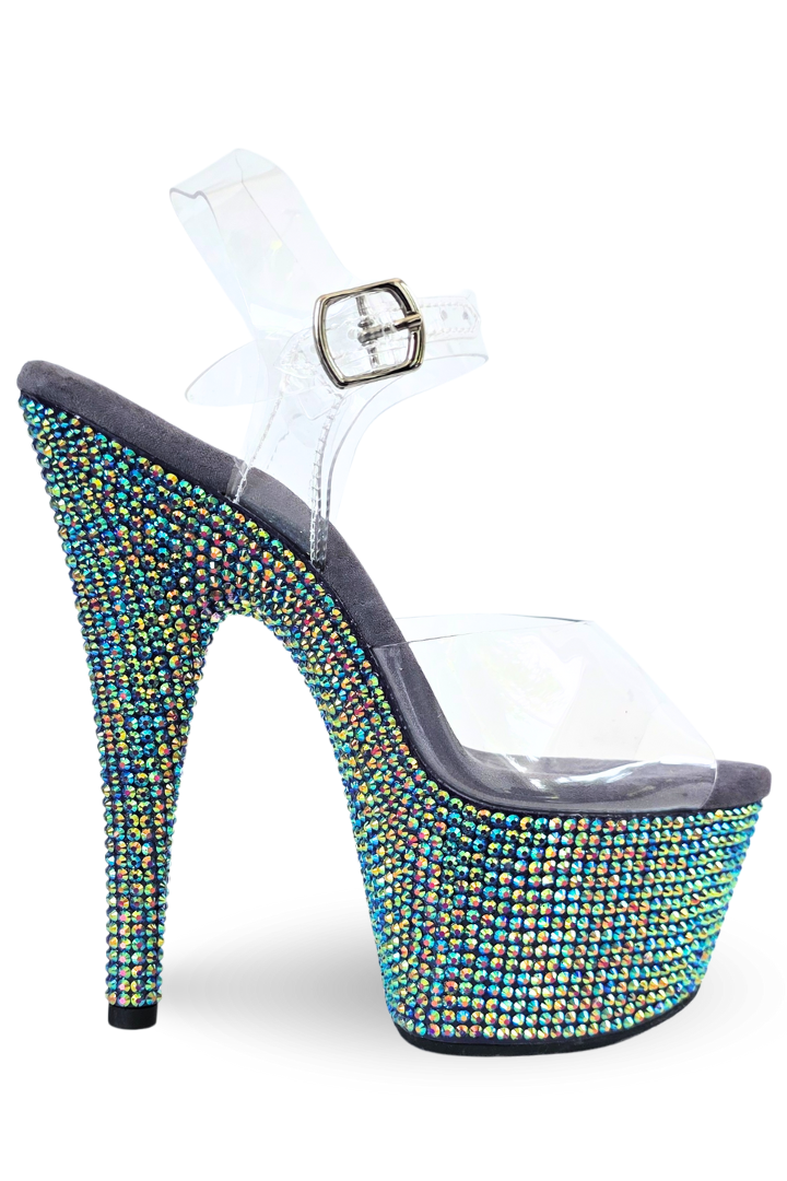 High-heeled shoe with colorful rhinestone embellishments on a white background