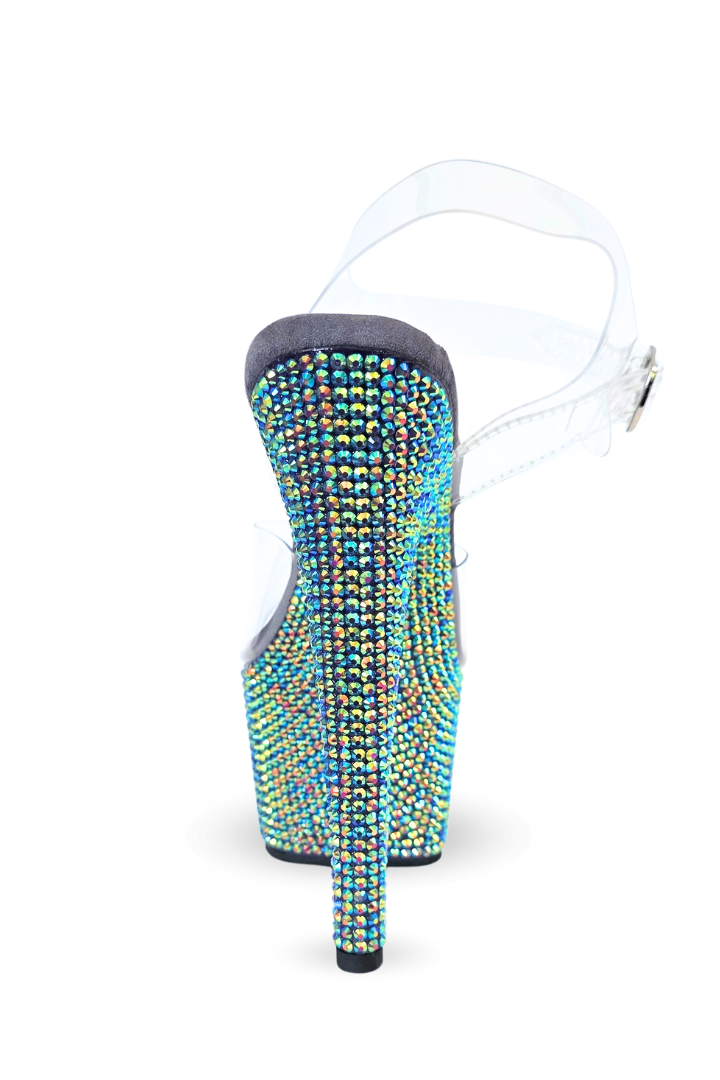 High-heeled shoe with colorful bead embellishments on a white background