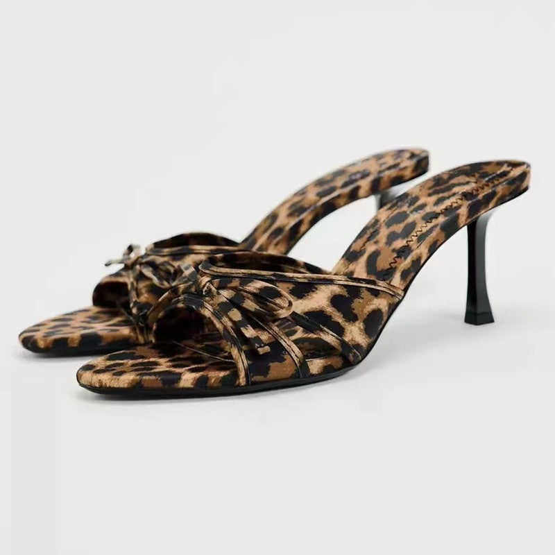Nicki Bow Leopard Kitten Heel Mule Sandals