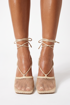 Akira Square Toe Mesh Lace Up High Heel Sandals