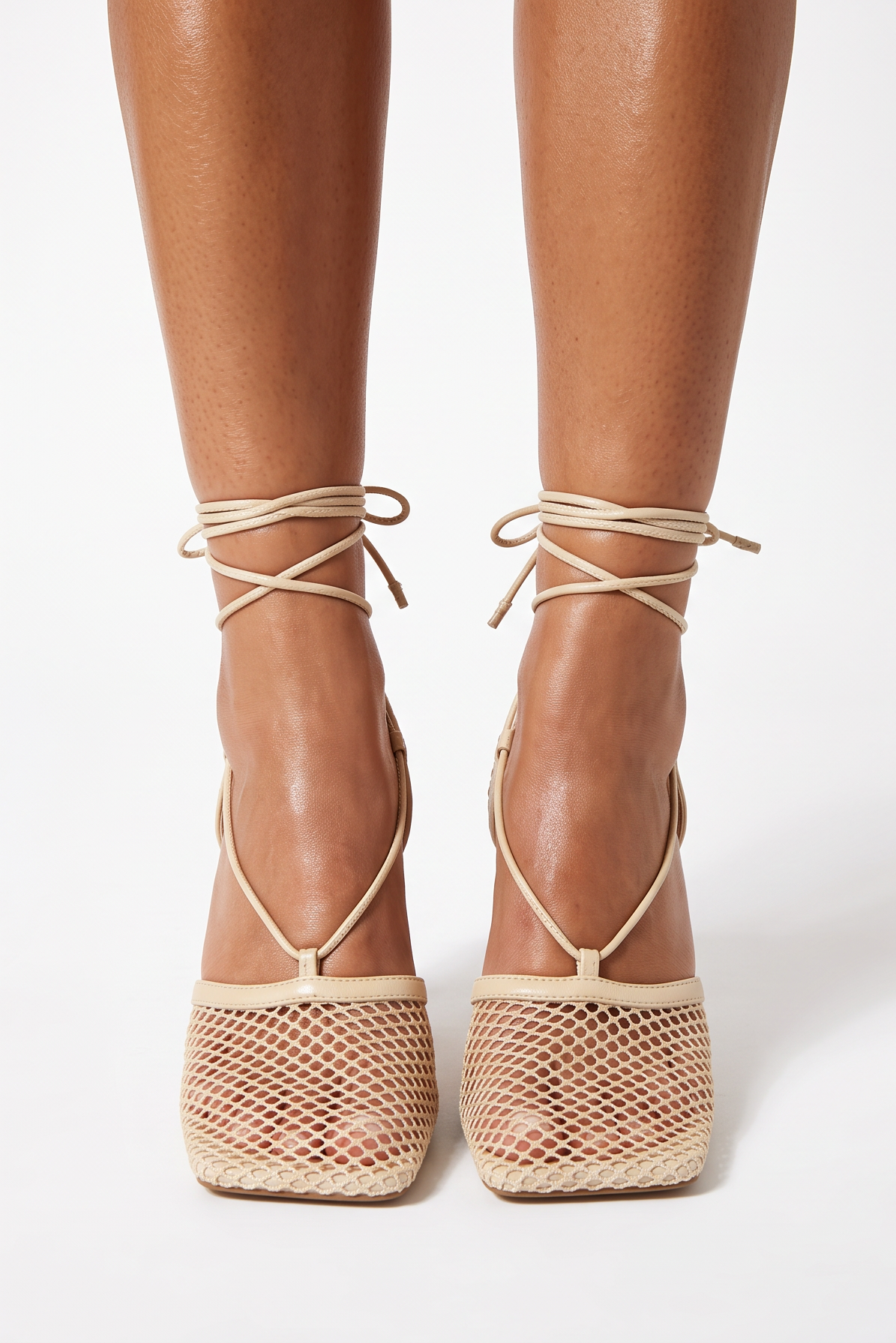 Akira Square Toe Mesh Lace Up High Heel Sandals