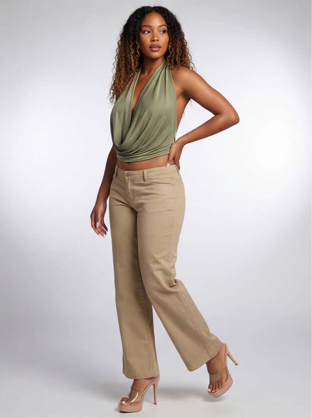 Anissa Open Back Plunge Cowl V Neck Halter Top