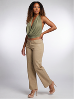 Anissa Open Back Plunge Cowl V Neck Halter Top
