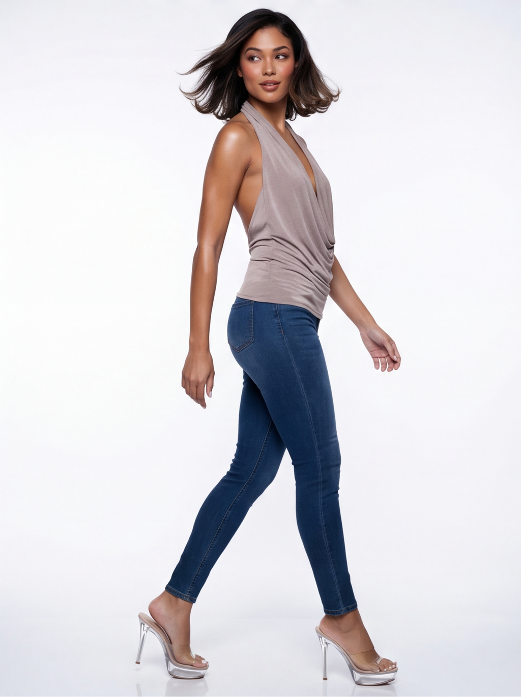 Anissa Open Back Plunge Cowl V Neck Halter Top