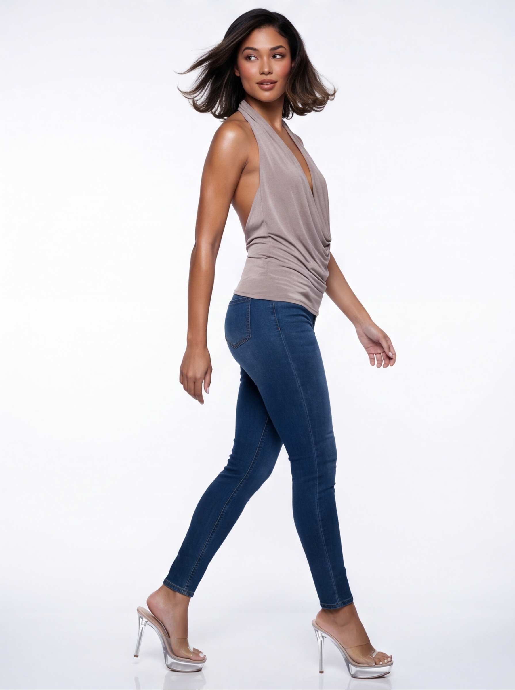 Anissa Open Back Plunge Cowl V Neck Halter Top
