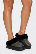 Aspen Rhinestones Embellished Faux Fur Platform Slippers