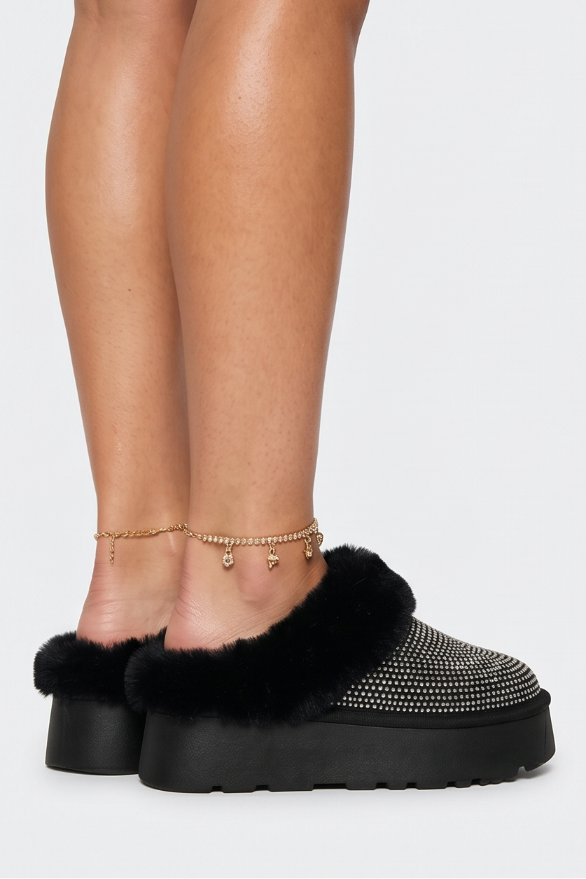 Aspen Rhinestones Embellished Faux Fur Platform Slippers