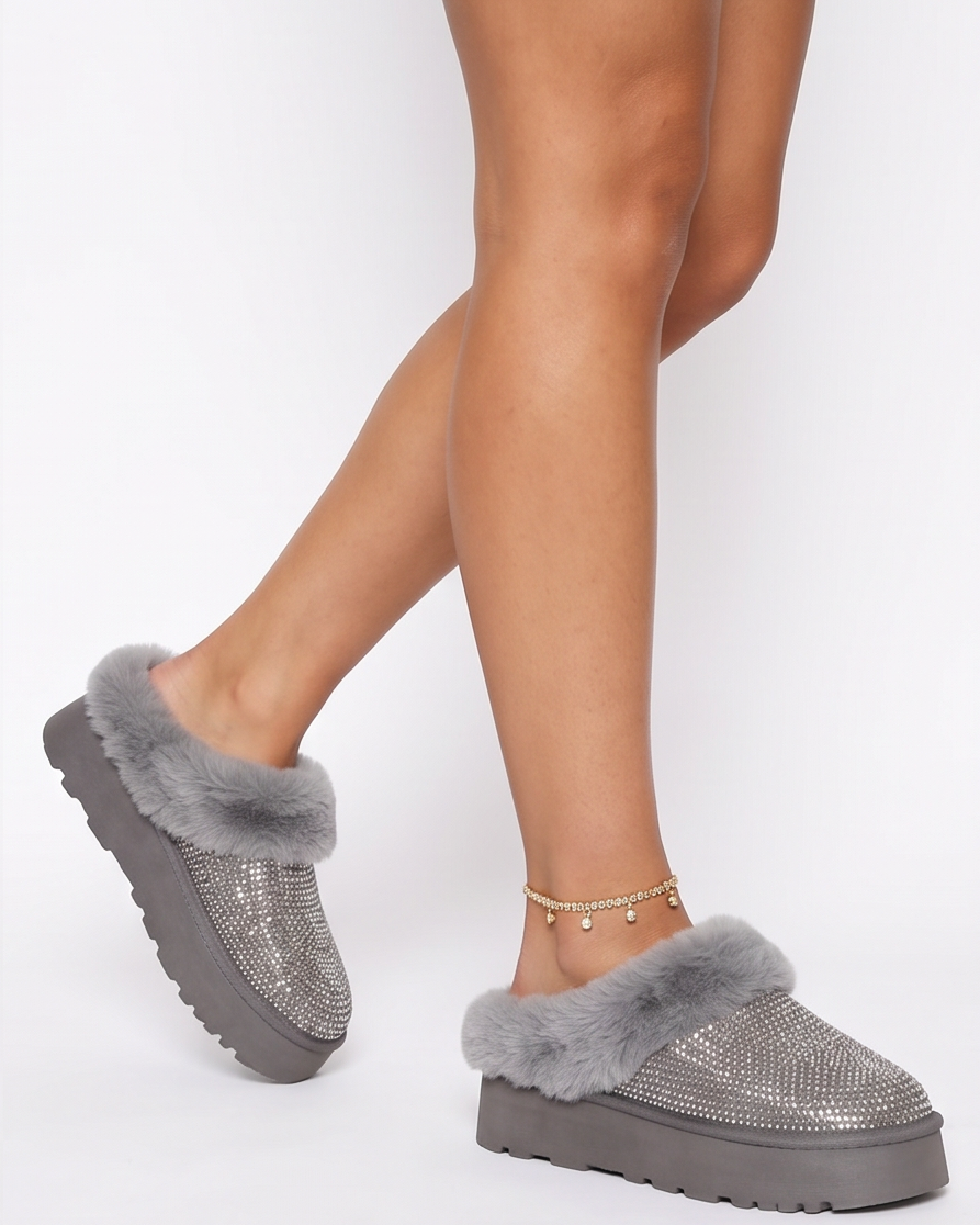 Aspen Rhinestones Embellished Faux Fur Platform Slippers