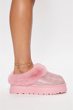 Aspen Rhinestones Embellished Faux Fur Platform Slippers