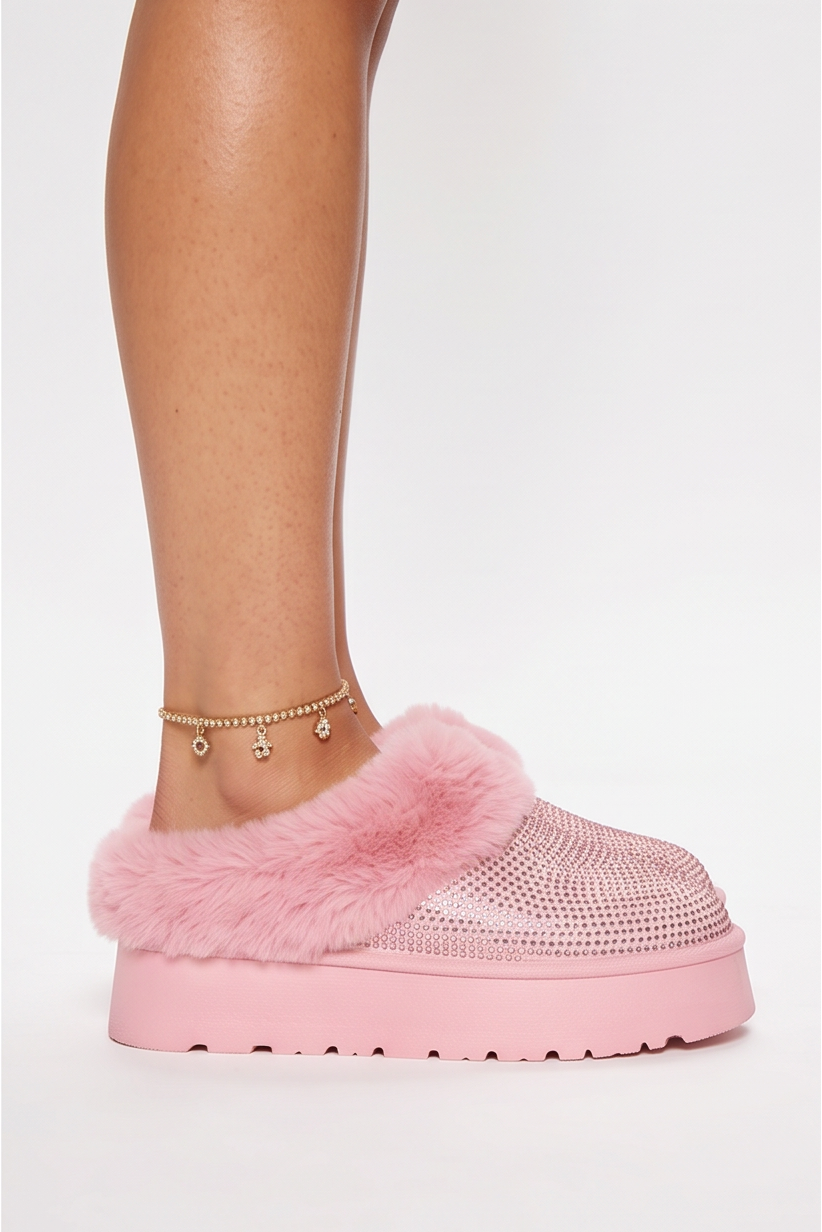 Aspen Rhinestones Embellished Faux Fur Platform Slippers