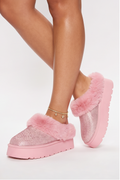 Aspen Rhinestones Embellished Faux Fur Platform Slippers