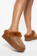 Aspen Rhinestones Embellished Faux Fur Platform Slippers