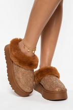 Aspen Rhinestones Embellished Faux Fur Platform Slippers