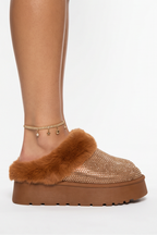 Aspen Rhinestones Embellished Faux Fur Platform Slippers