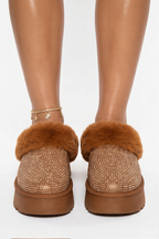 Aspen Rhinestones Embellished Faux Fur Platform Slippers