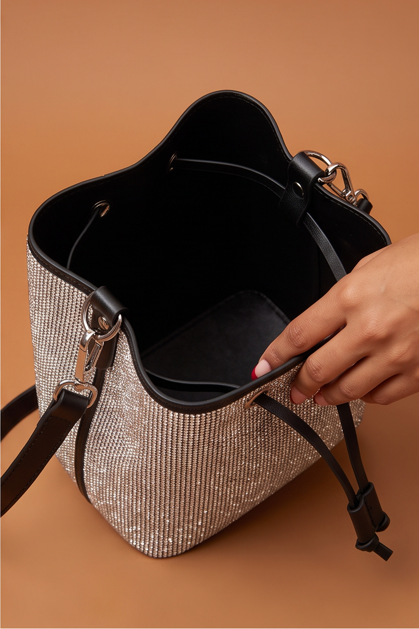 Bijoux Rhinestone Detail Convertible Bucket Bag