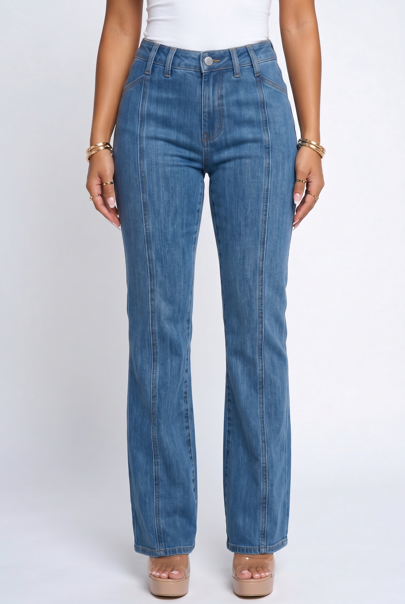 Blue Wash High Rise Seam Detail Wide Leg Jeans