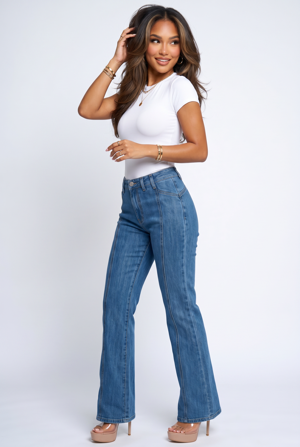 Blue Wash High Rise Seam Detail Wide Leg Jeans