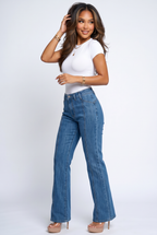 Blue Wash High Rise Seam Detail Wide Leg Jeans