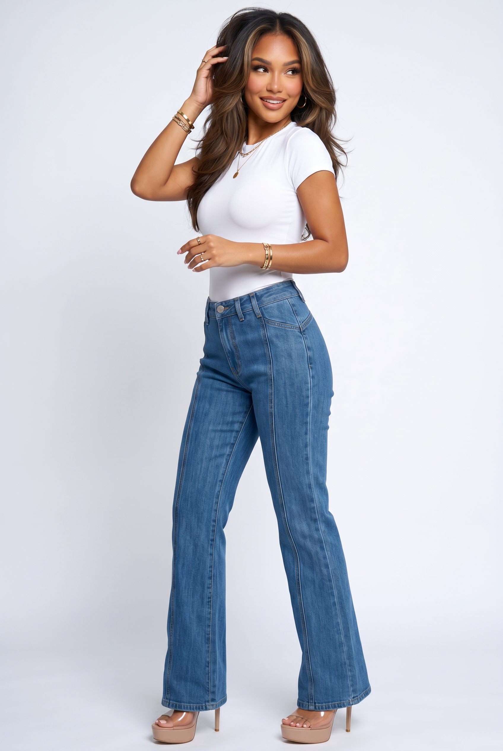 Blue Wash High Rise Seam Detail Wide Leg Jeans