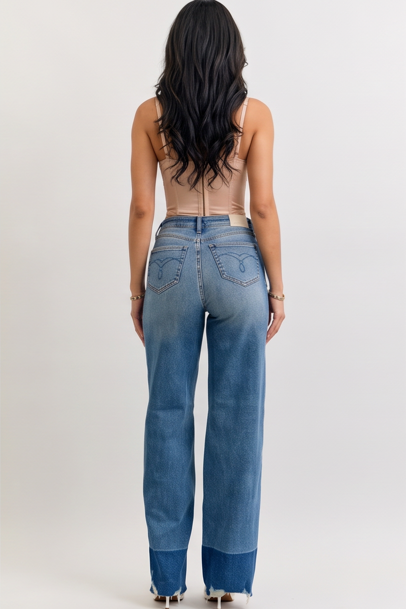 Woman modeling wide-leg jeans from front, side, and back views against a white background.