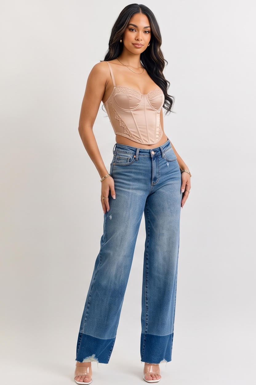 Blue Wash Raw Hem High Waist Column Straight Jeans