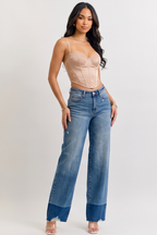 Blue Wash Raw Hem High Waist Column Straight Jeans