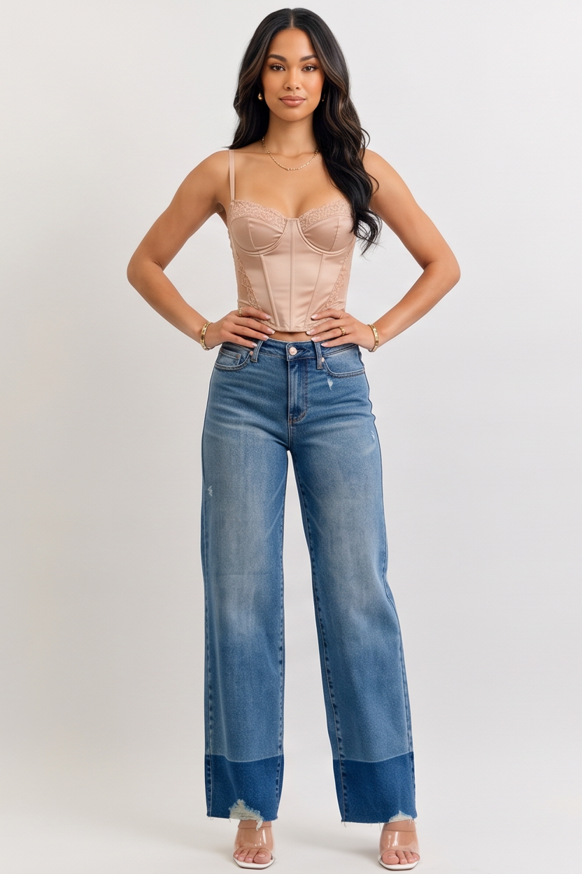 Blue Wash Raw Hem High Waist Column Straight Jeans