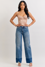 Blue Wash Raw Hem High Waist Column Straight Jeans