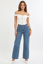 Bow Detail High Rise Embroidered Wide Leg Jeans
