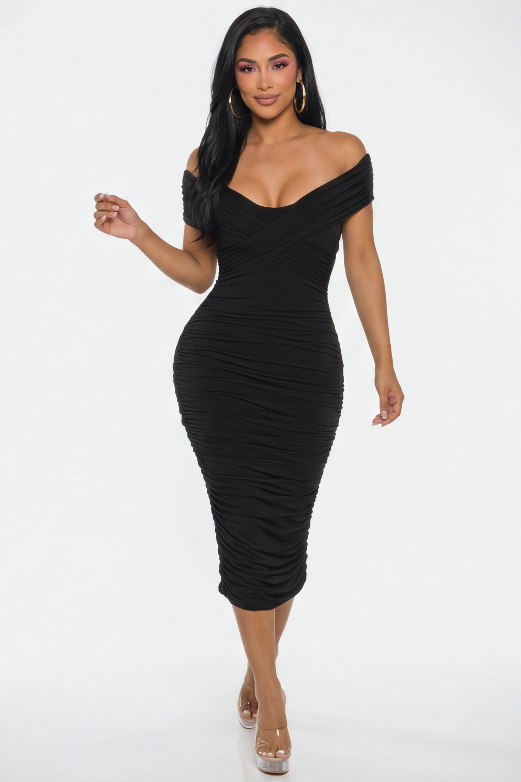 Calista Wrap Front Off The Shoulder Ruched Midi Dress
