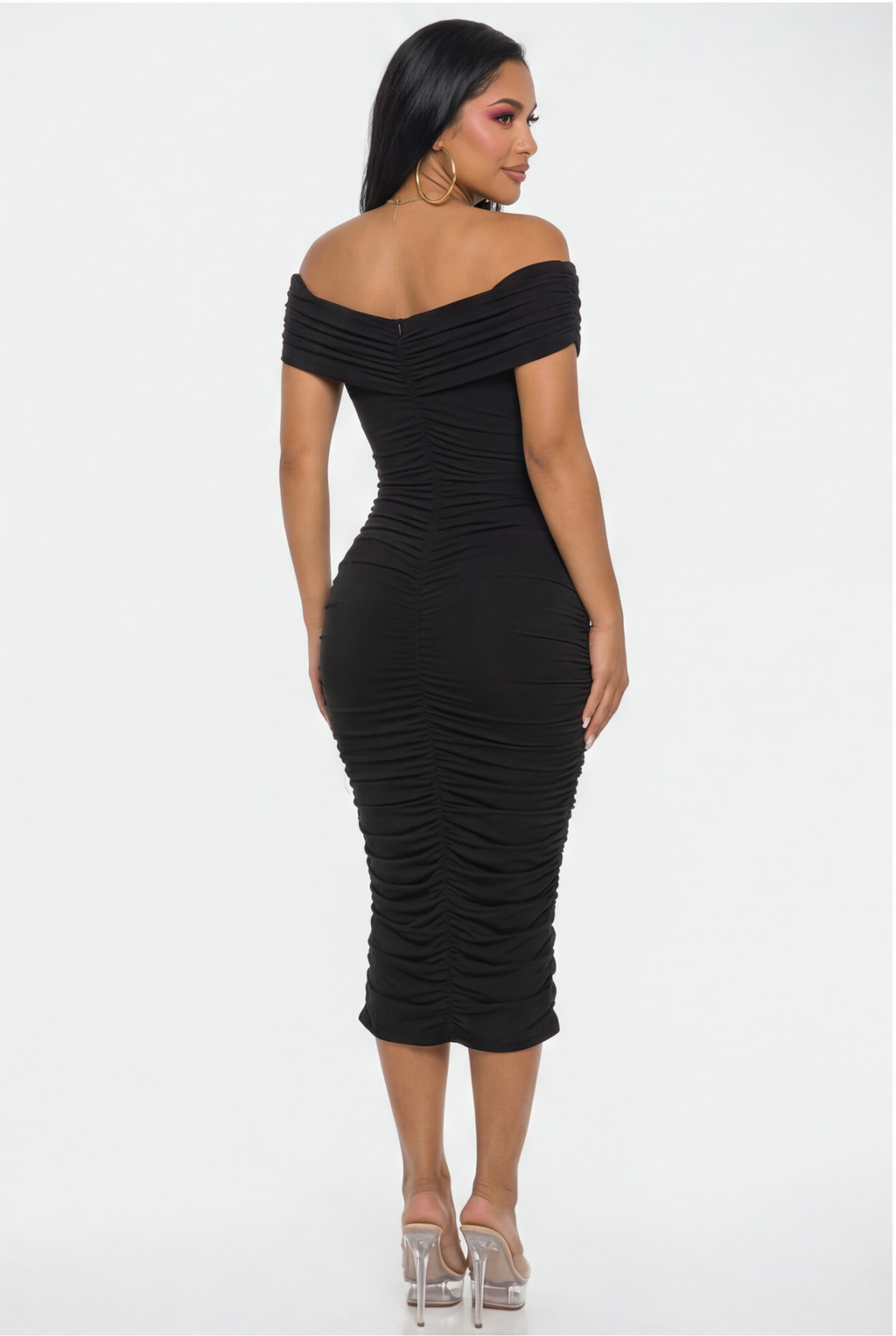 Calista Wrap Front Off The Shoulder Ruched Midi Dress