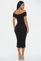 Calista Wrap Front Off The Shoulder Ruched Midi Dress
