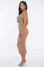 Calista Wrap Front Off The Shoulder Ruched Midi Dress
