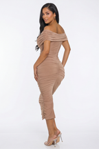 Calista Wrap Front Off The Shoulder Ruched Midi Dress