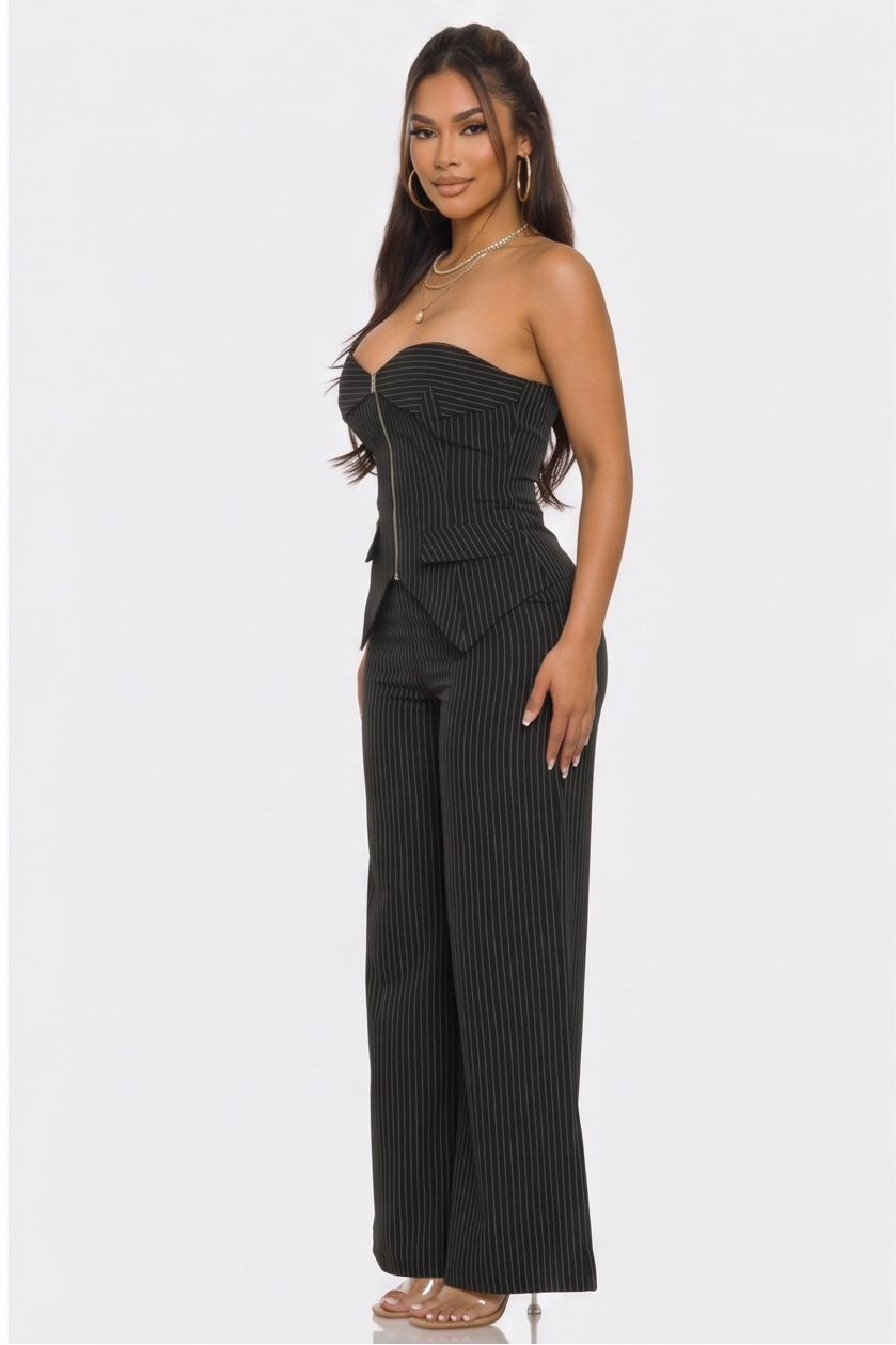 Camilla Zip Front Corset Pinstripe Two Piece Pant Set