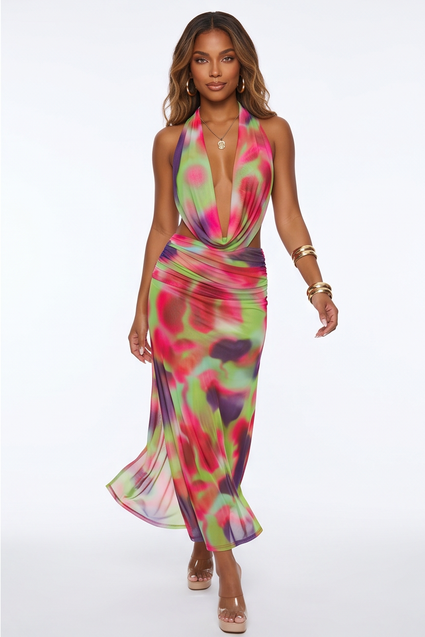Cataleya Vibrant Print Plunge Cowl Neck Maxi Dress